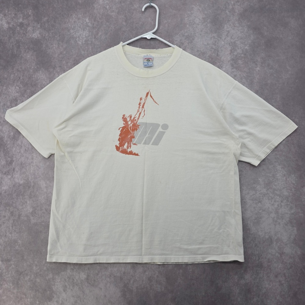Vintage 90s Jerzees World Class Graphic T-Shirt XL Cream Made in USA Distressed
